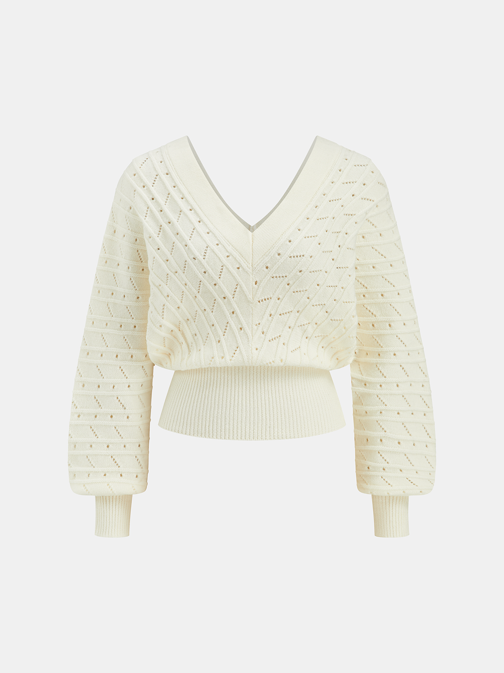 Pull texturé à col en V, manches lanternes et ajours