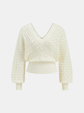 Pull texturé à col en V, manches lanternes et ajours