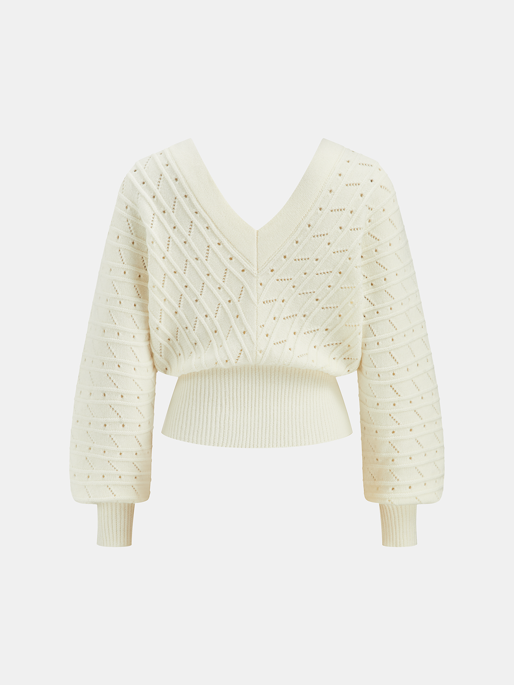 Pull texturé à col en V, manches lanternes et ajours