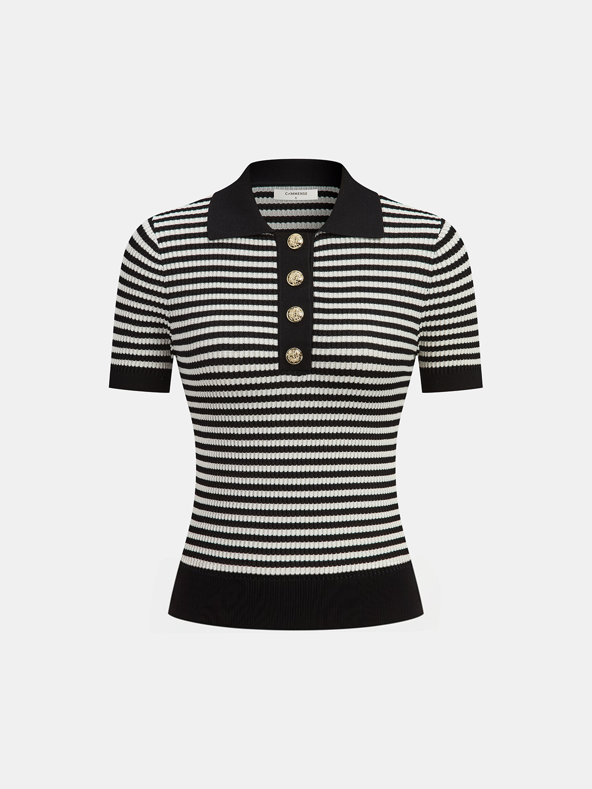 Metal Button Striped Knit Polo Top