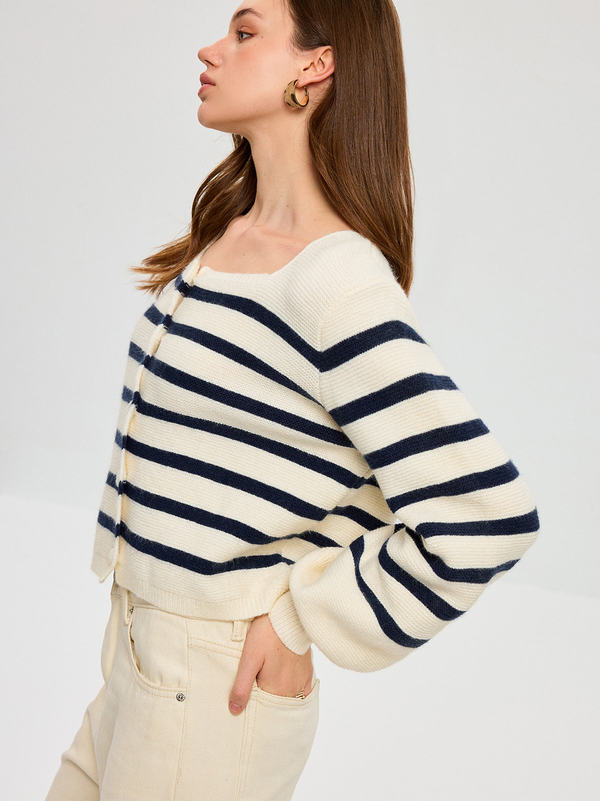 Striped Square Neck Lantern Sleeve Knit Cardigan