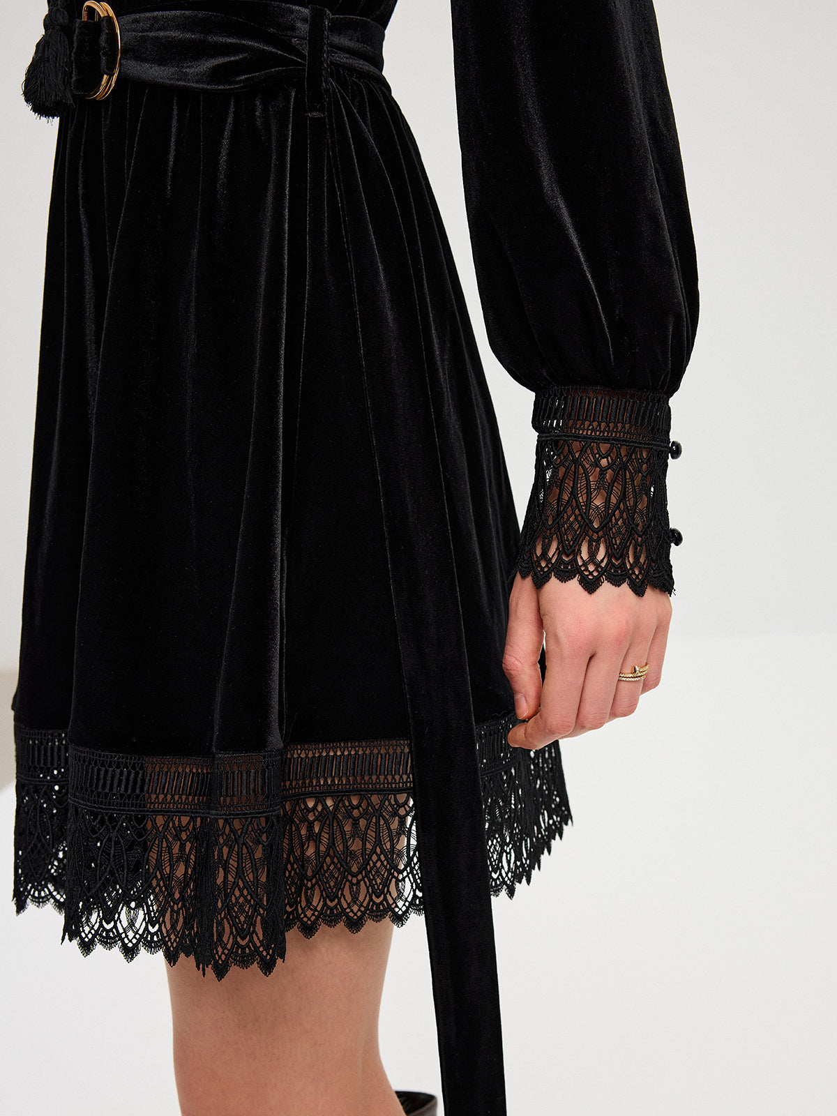 Velvet Belted Lace Trim Mini Dress