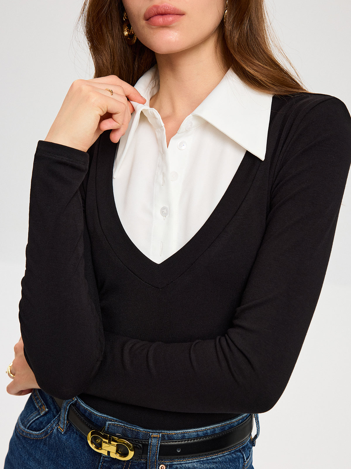 High-Stretch Contrast Shirt Collar Knit Bodysuit