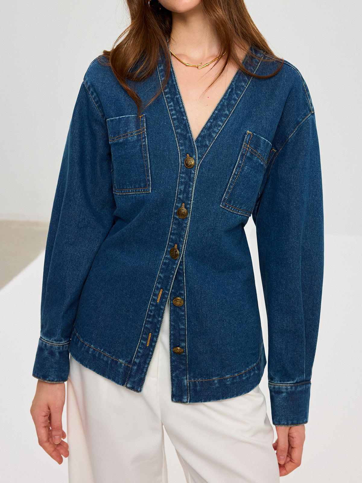 Denim V-Neck Button-Front Jacket