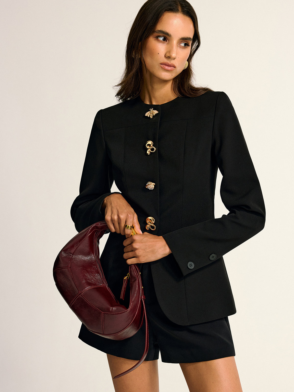 Metal Detail Crew Neck Blazer