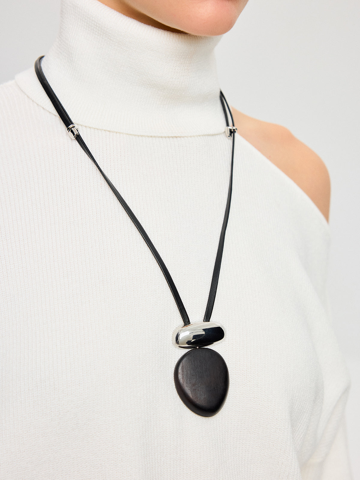 Black Ebony and Silver Metal PU Leather Necklace
