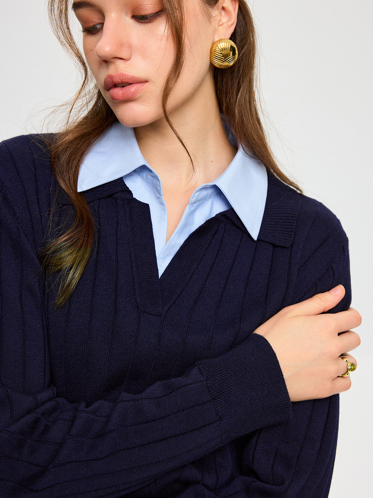 Shirt Collar Panel Knit Top