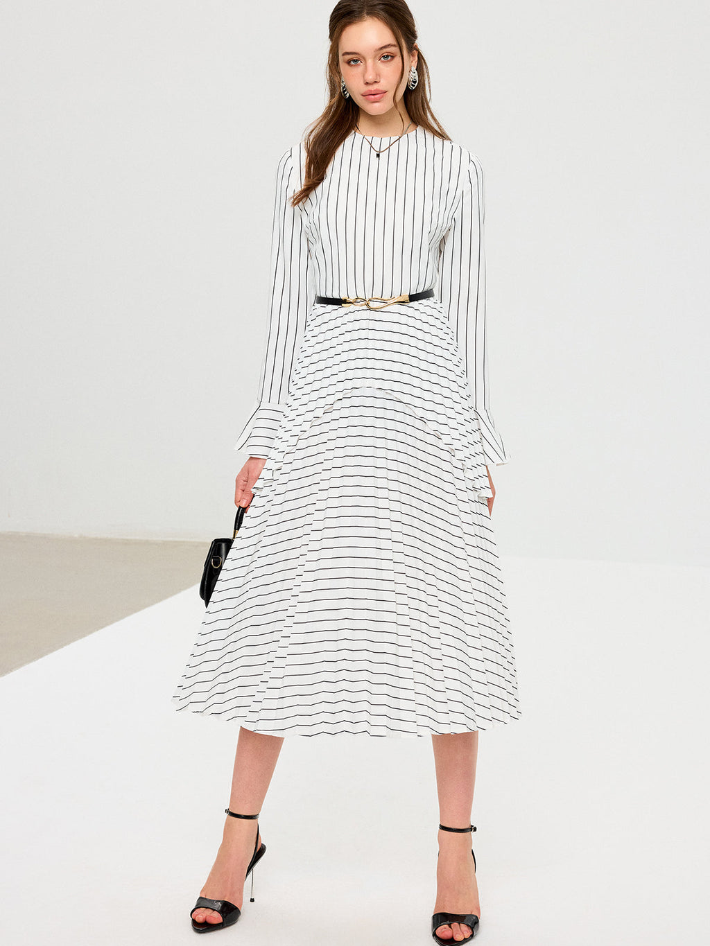 Striped Long Sleeve Belted Midi Dress