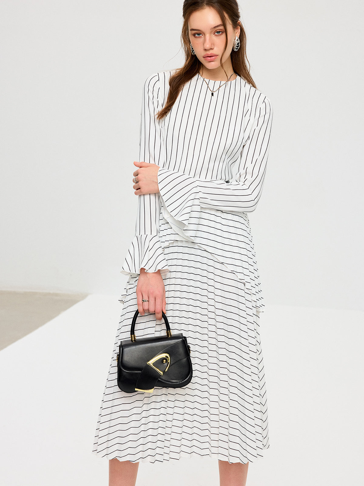 Striped Long Sleeve Belted Midi Dress