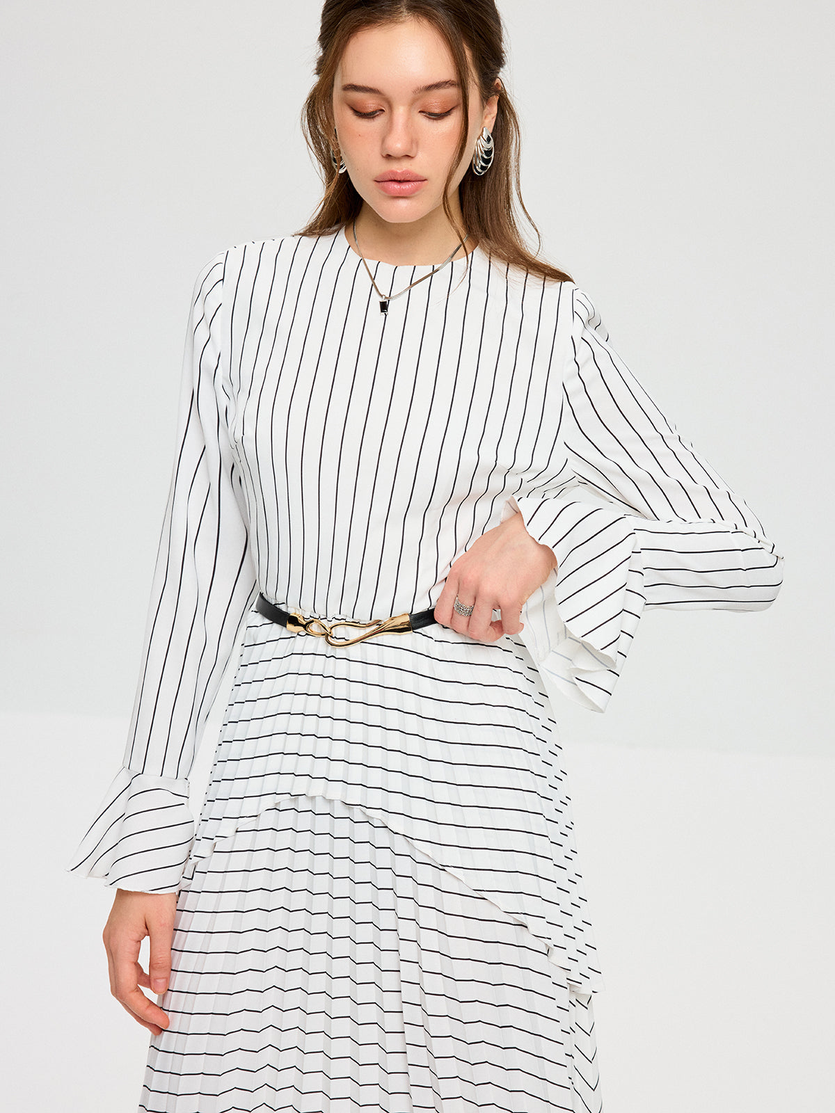 Striped Long Sleeve Belted Midi Dress
