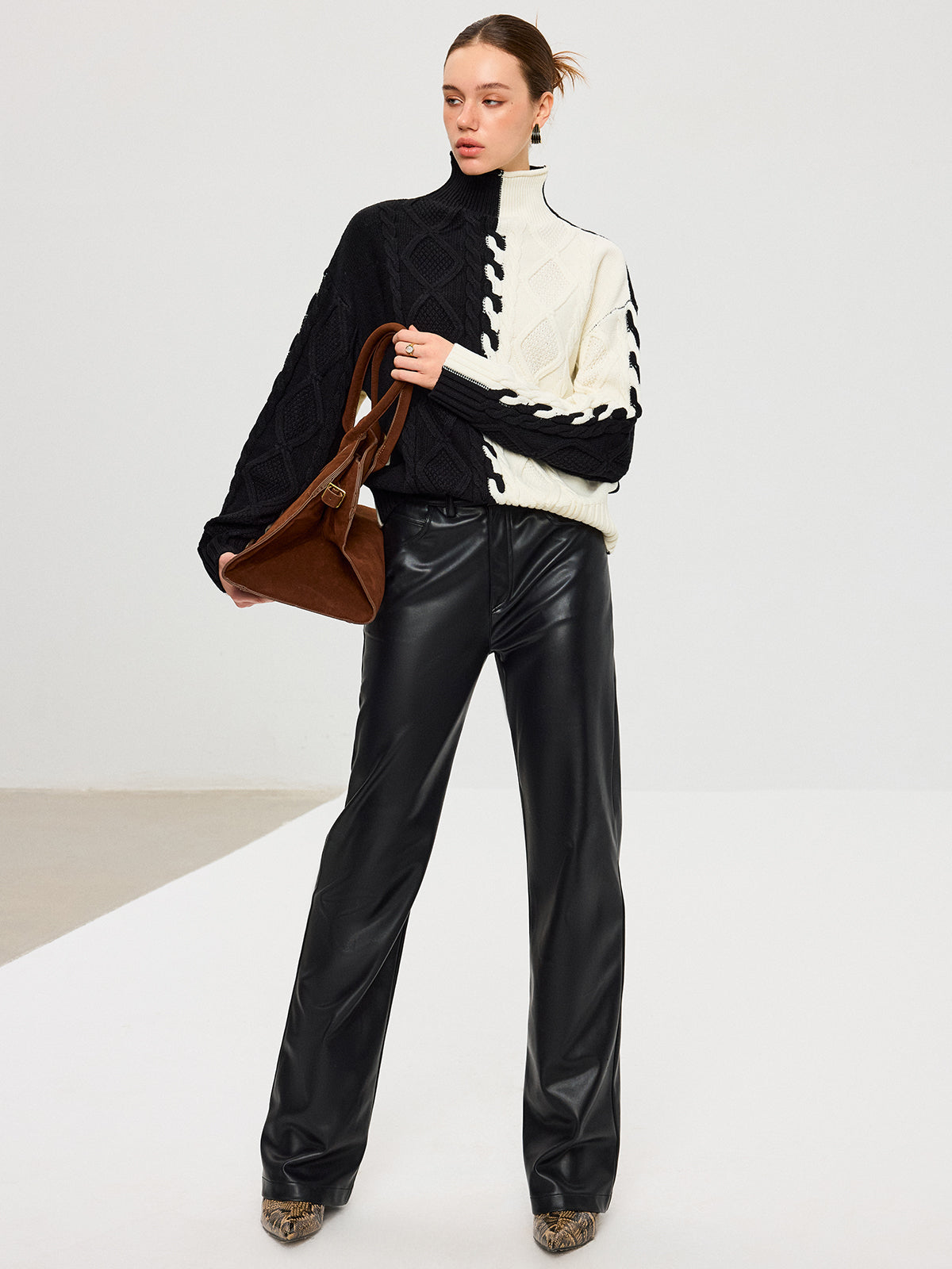 Color-Block Cable Knit Turtleneck Sweater