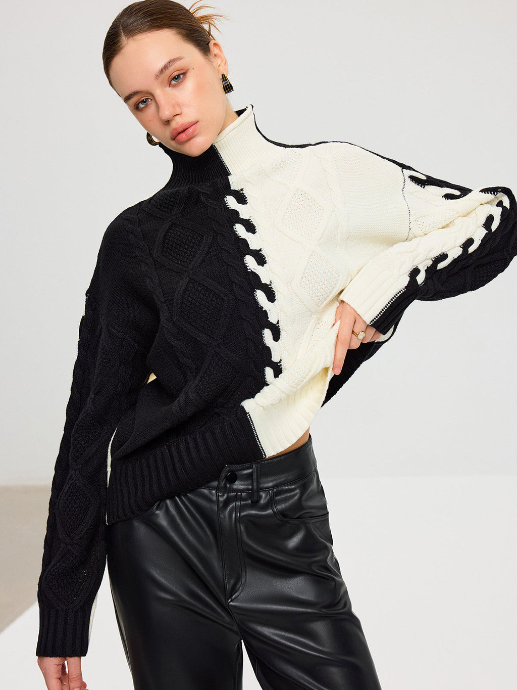 Color-Block Zopfmuster-Rollkragenpullover