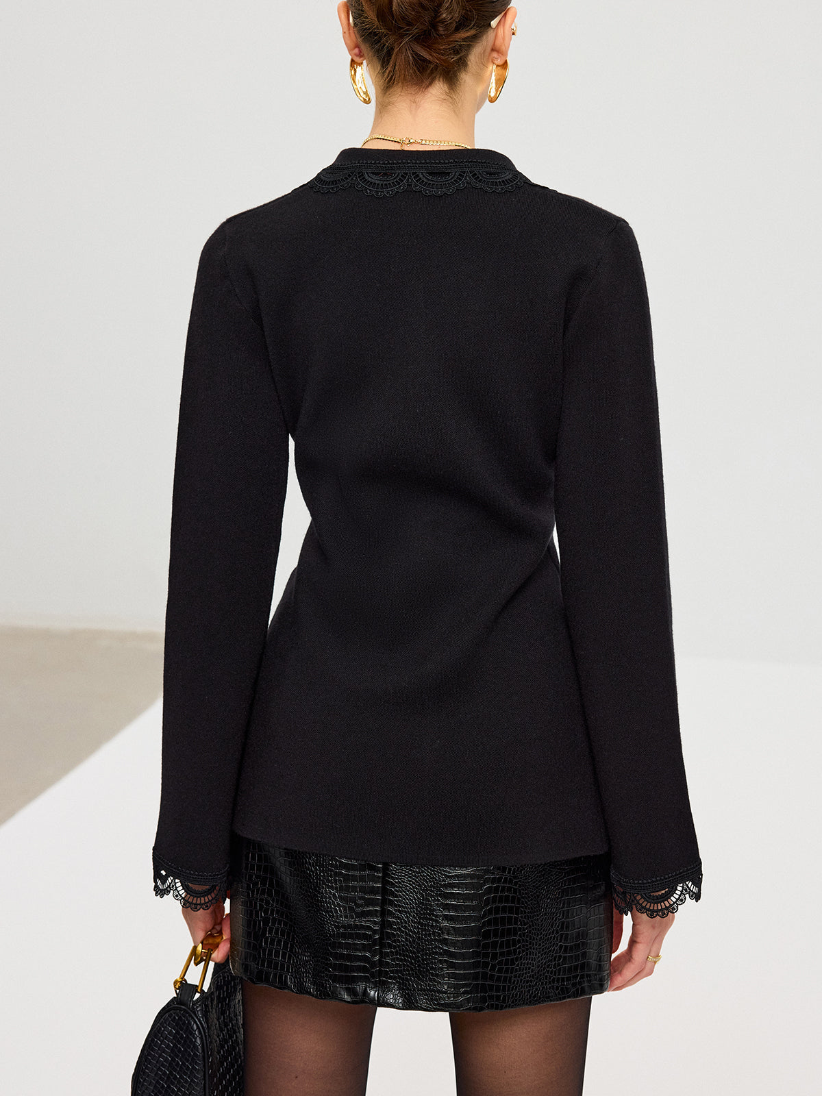 Wool Blend Lace Trim Metal Button Cardigan