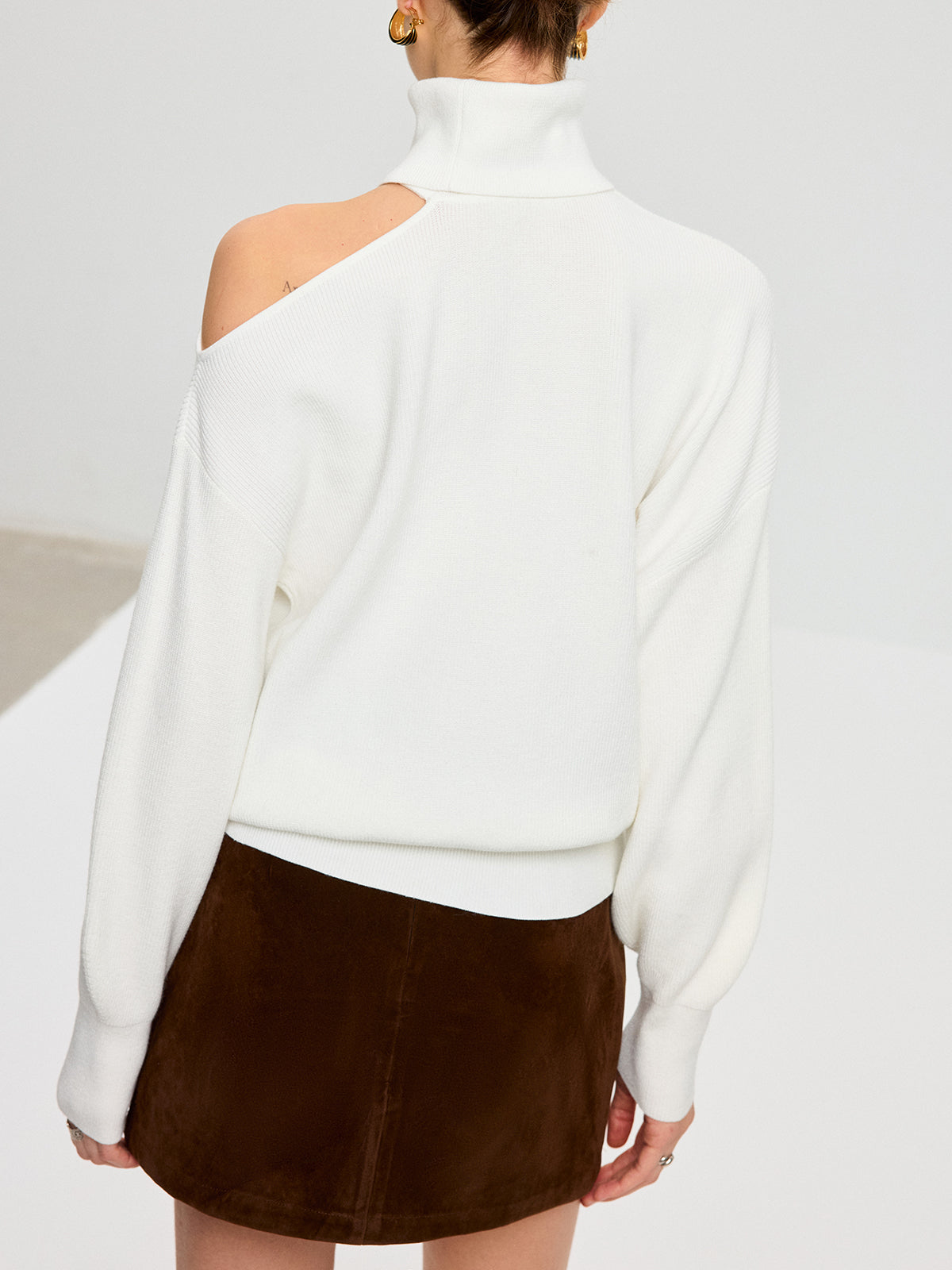 Turtleneck Cold Shoulder Wool Blend Sweater