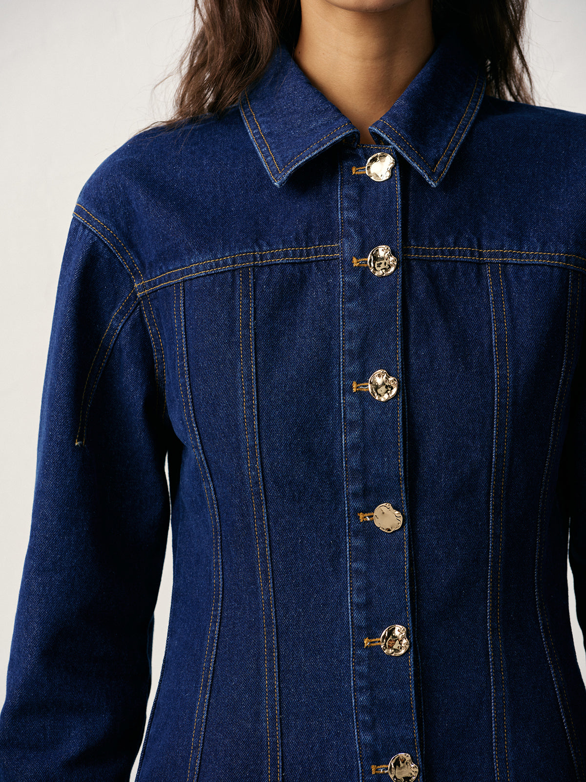Cinched Waist Metal Button Denim Jacket