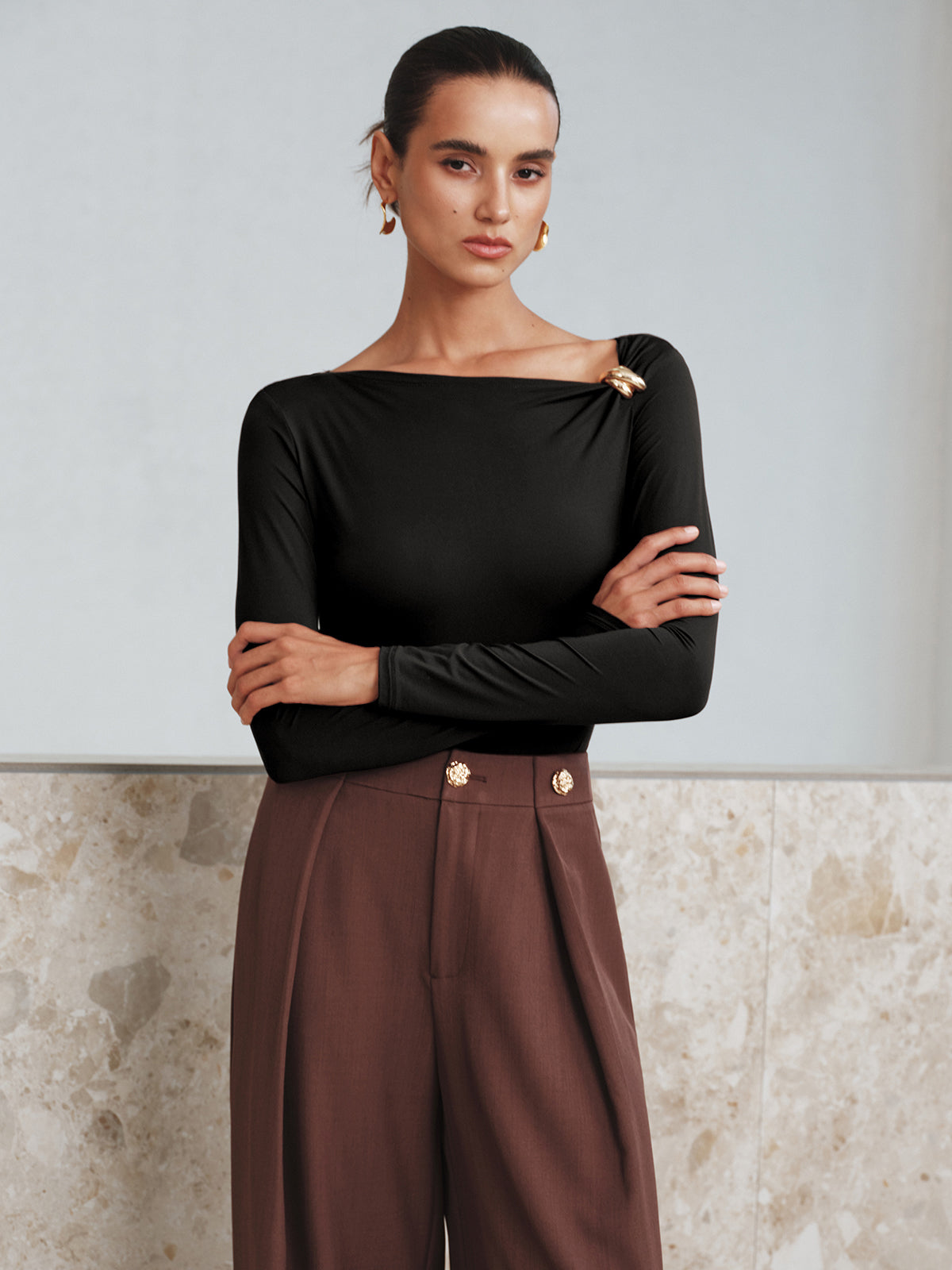 Metal Detail Asymmetric Neckline Bodysuit