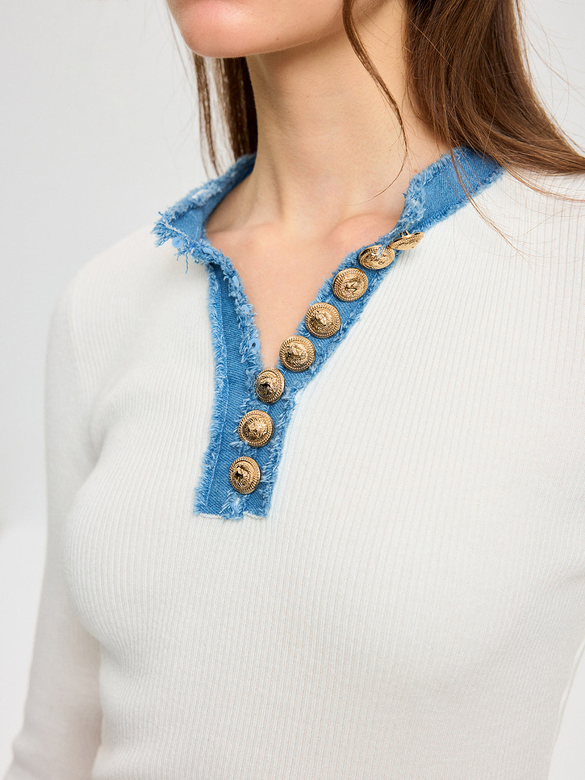 Wool Blend Denim Trim Metal Detail Knit Top