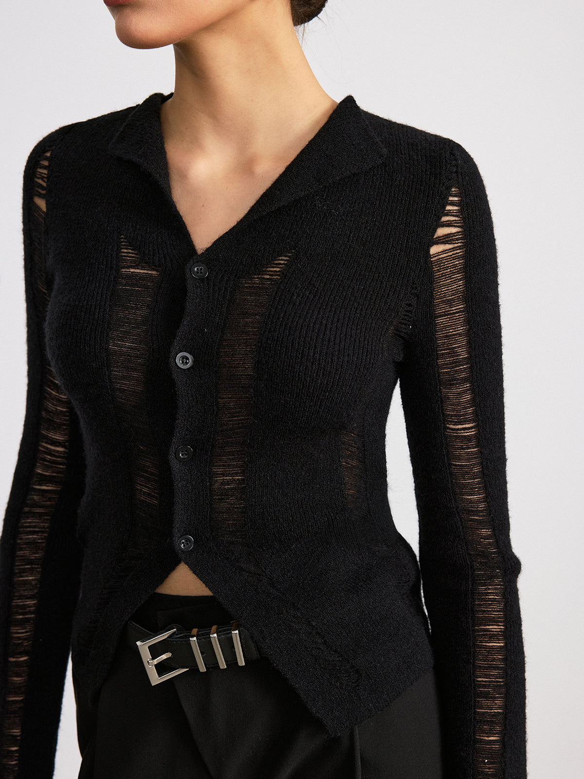 Sheer Panel Button Front Lapel Blouse