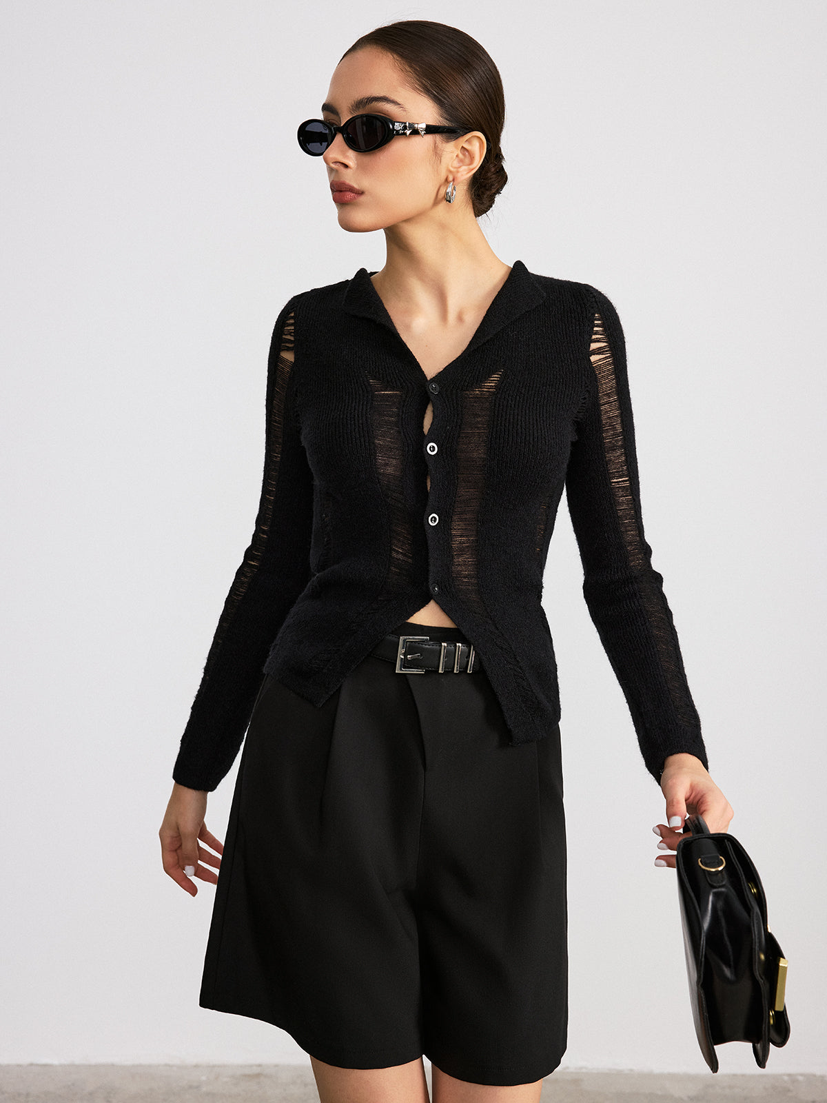 Sheer Panel Button Front Lapel Blouse