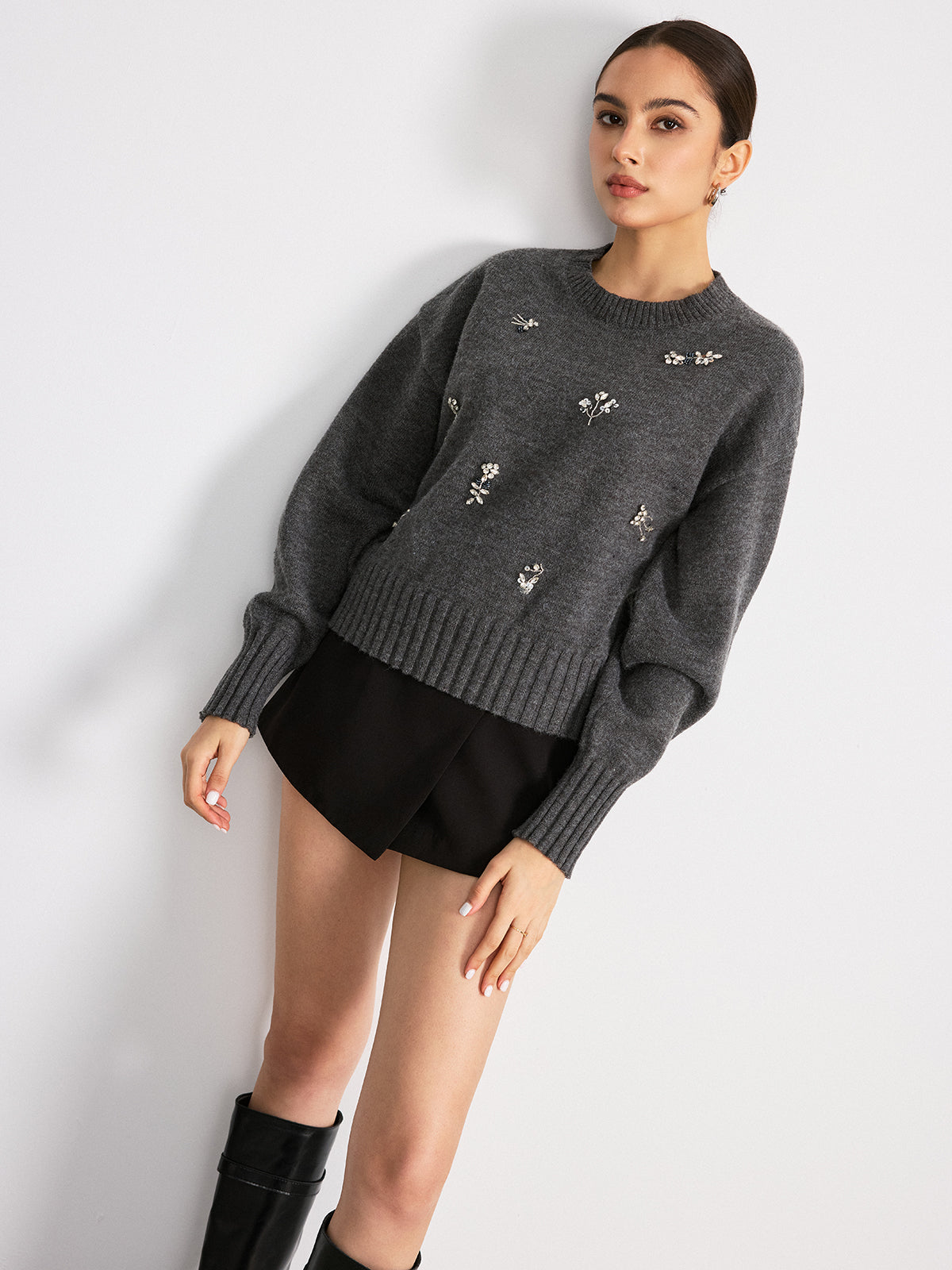 Crew Neck Sweater with Floral Crystal Embellishments