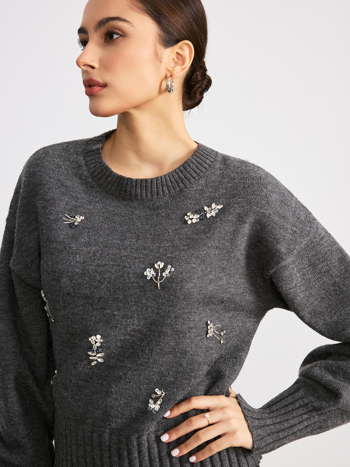 Crew Neck Sweater with Floral Crystal Embellishments