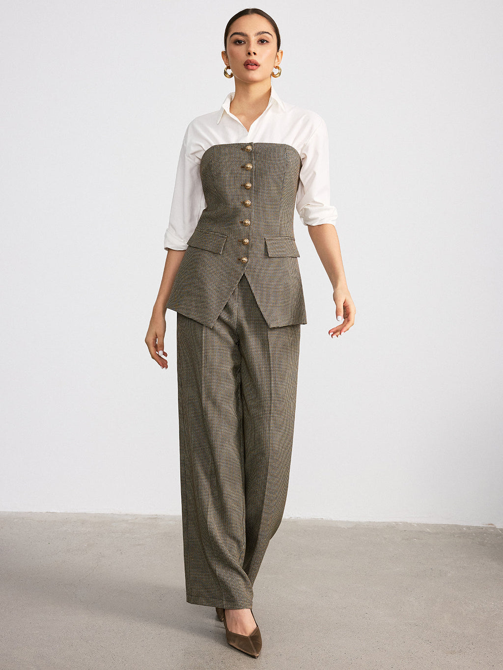 Houndstooth Strapless Metal Button Top
