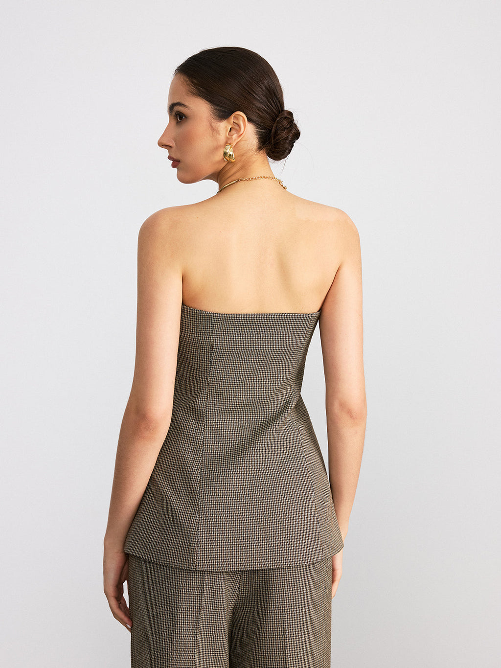 Houndstooth Strapless Metal Button Top