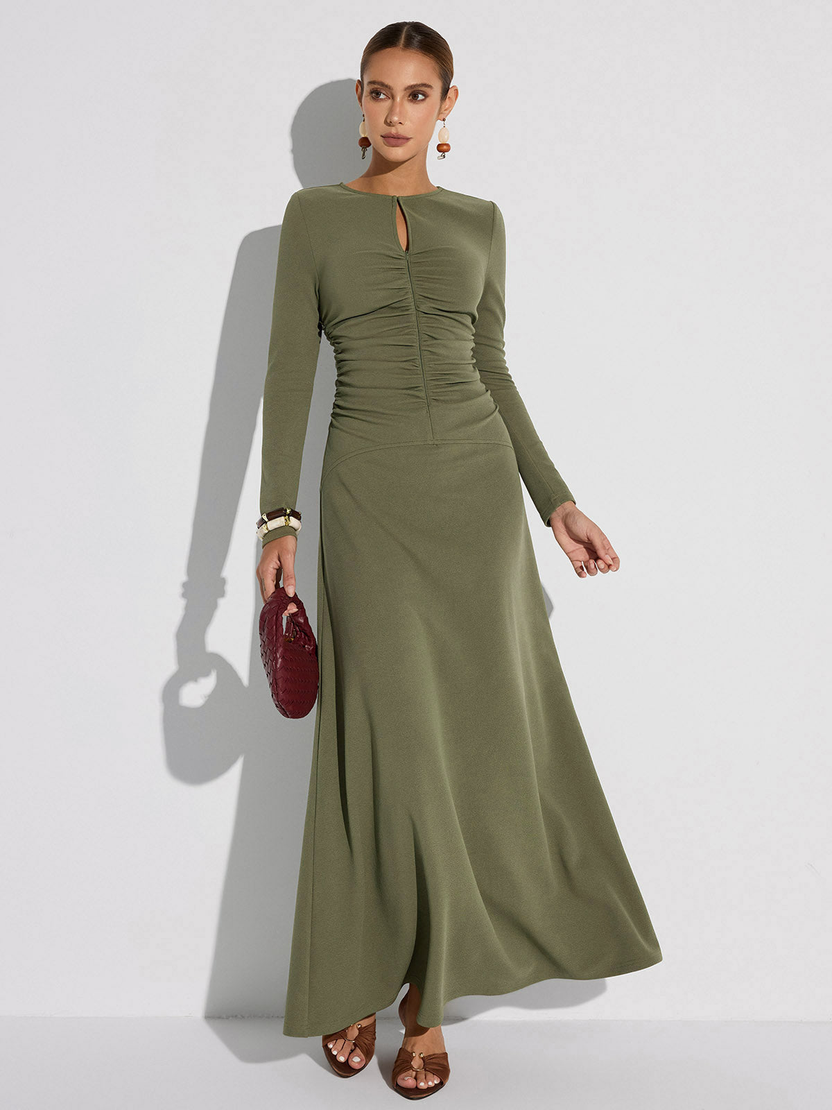 Zipper-Front Ruched Maxi Dress
