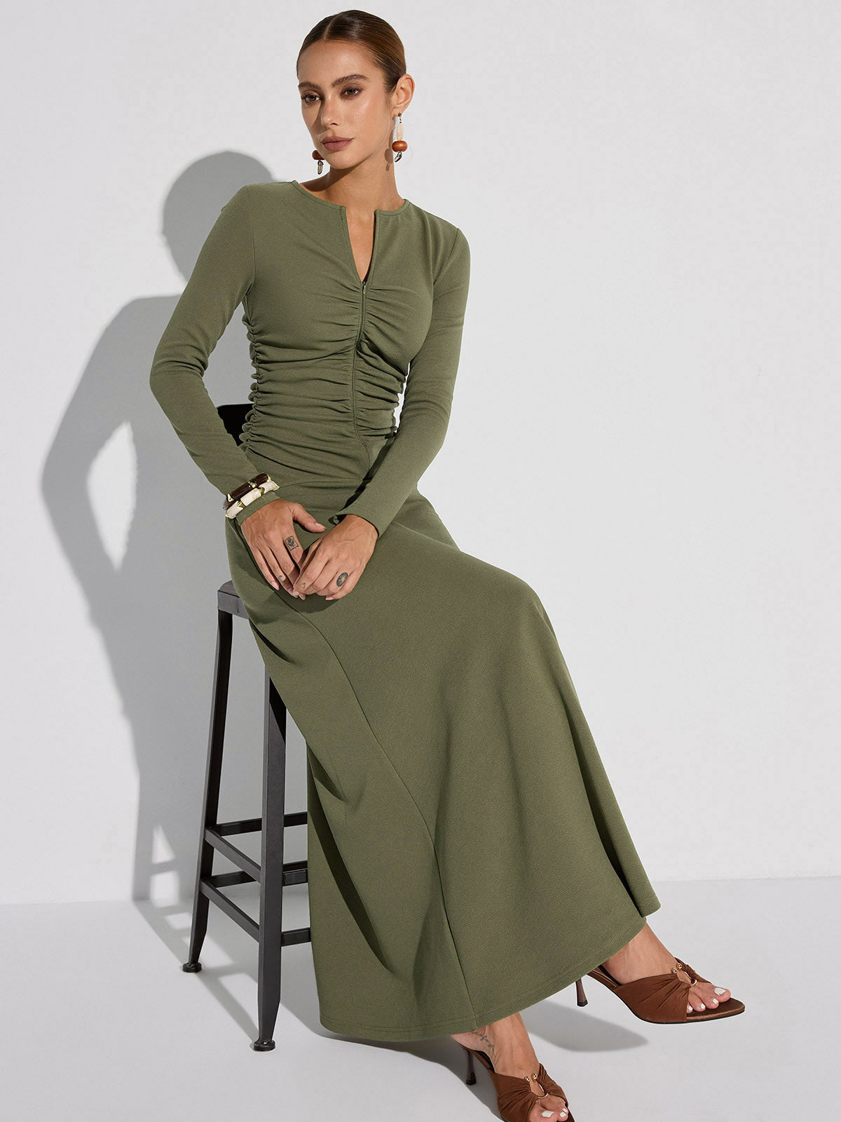 Zipper-Front Ruched Maxi Dress