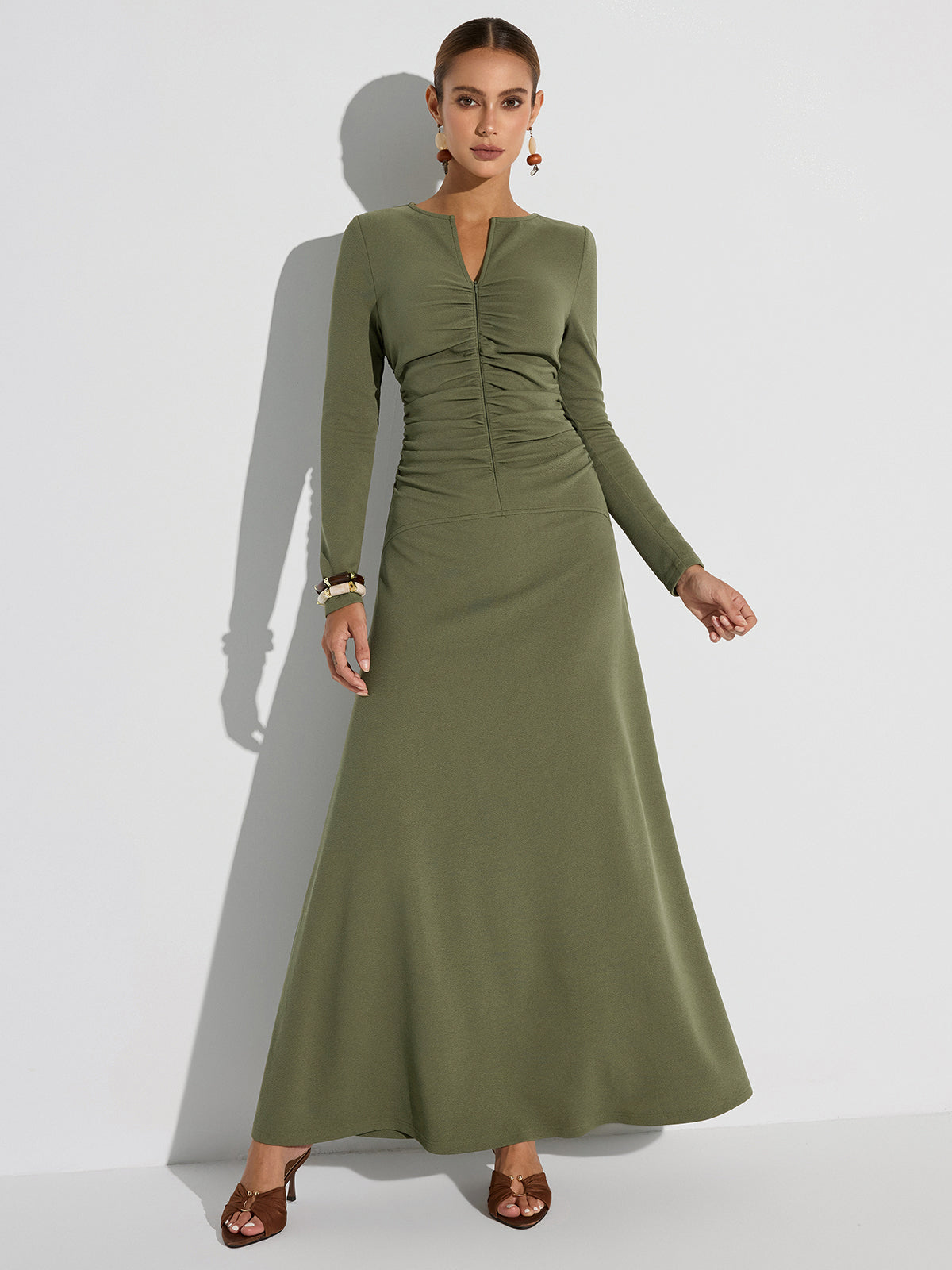 Zipper-Front Ruched Maxi Dress