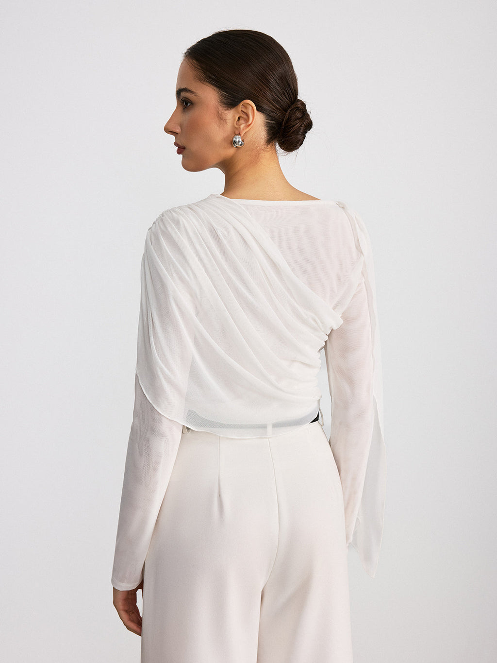 Draped Mesh Long Sleeve Blouse