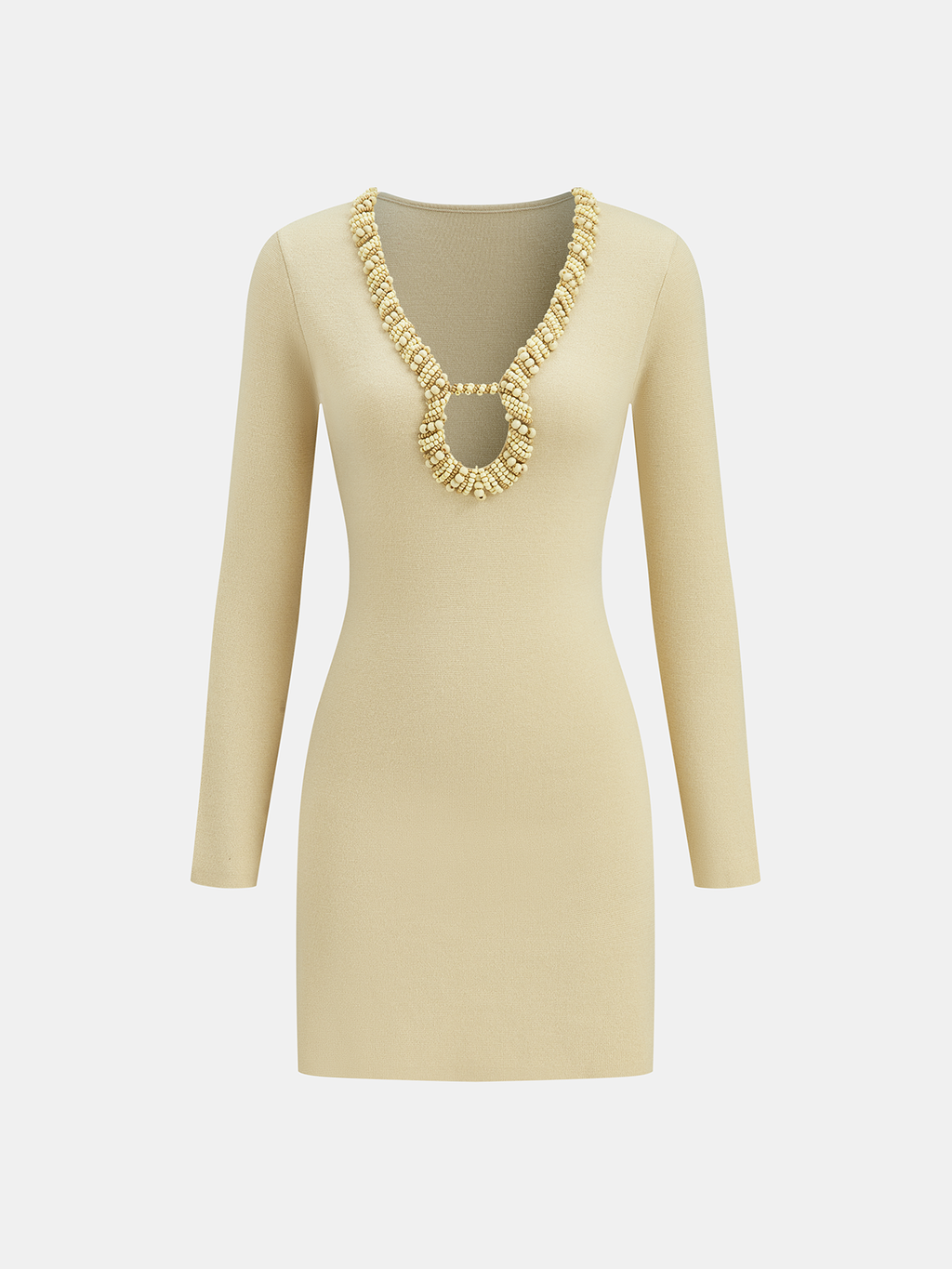 Wollmischgewebe Perlenbesetztes Kleid mit Cut-Out-Ausschnitt und langen Ärmeln