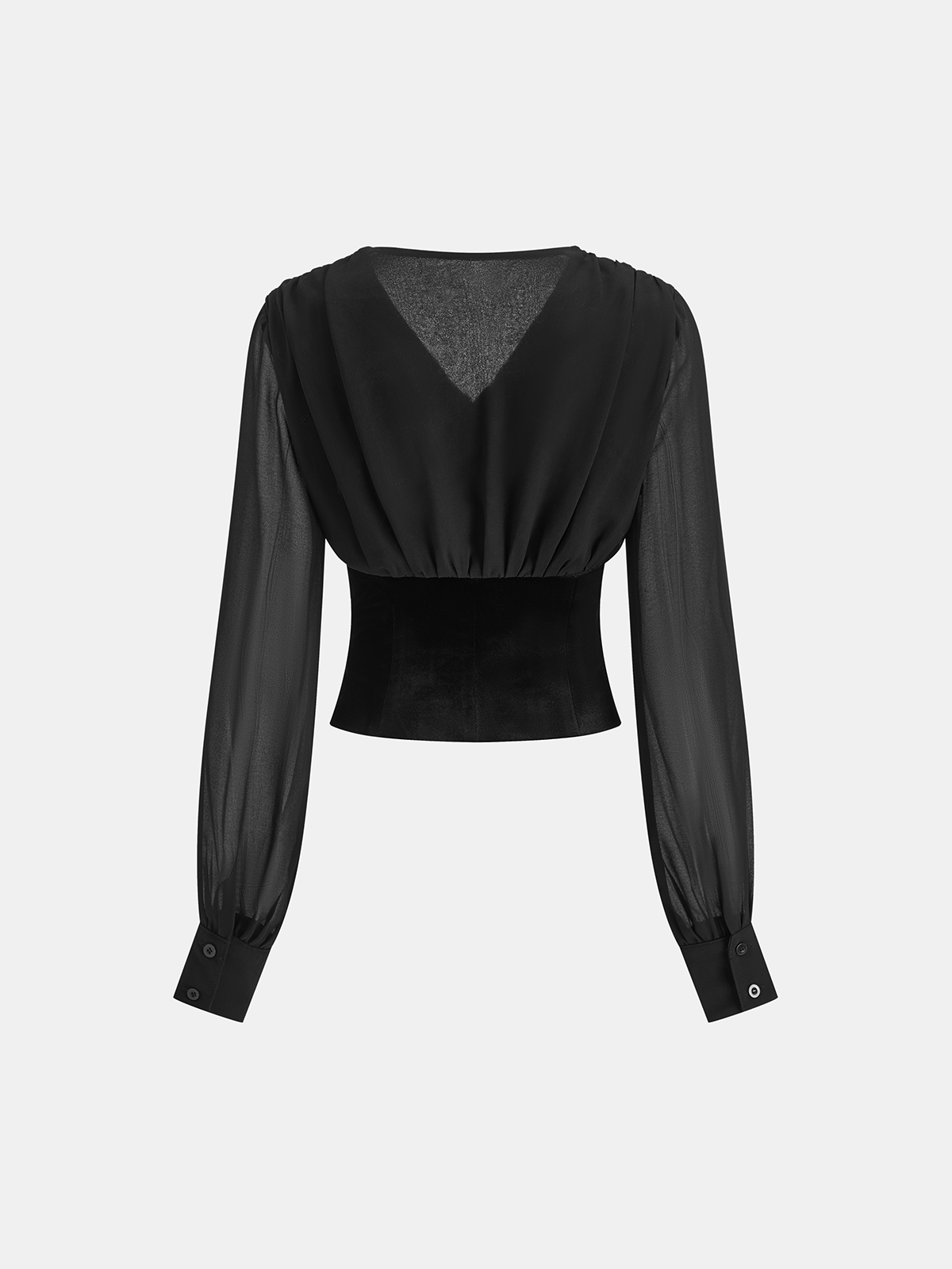 Velvet-Cinched V-Neck Chiffon Paneled Cropped Blouse