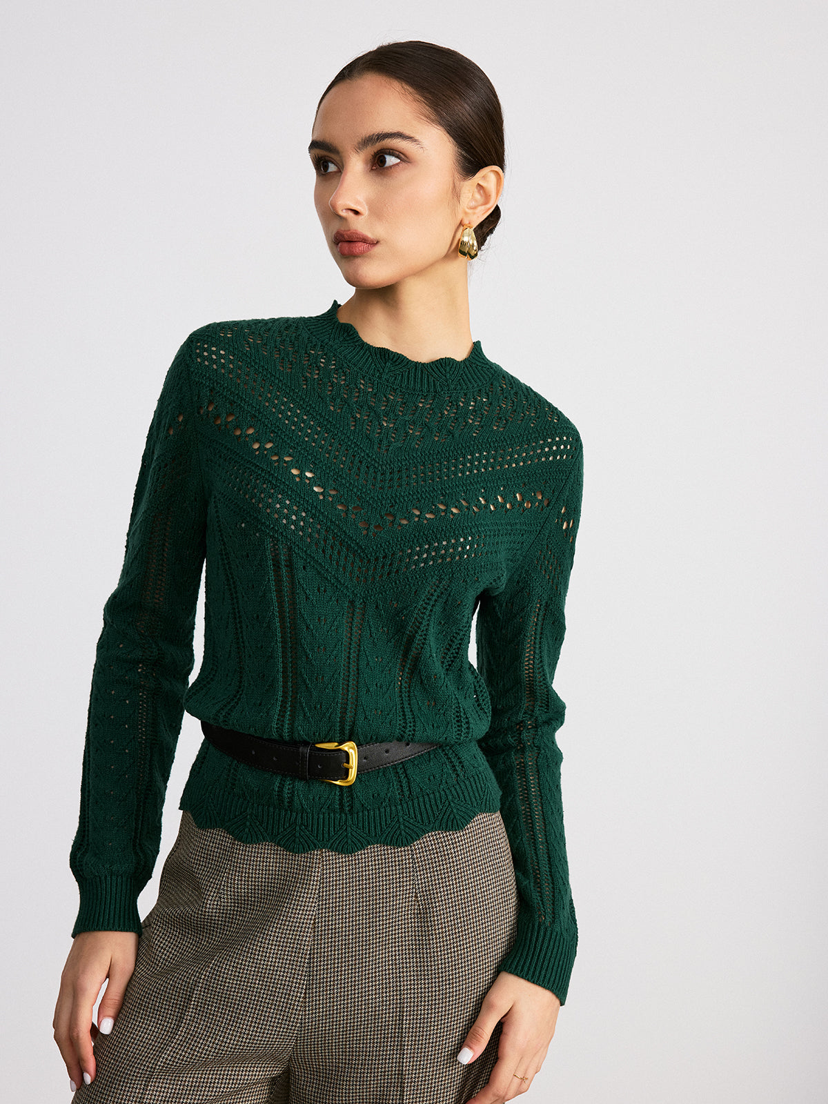 Strickpullover mit Wellenkante und Ajourmuster