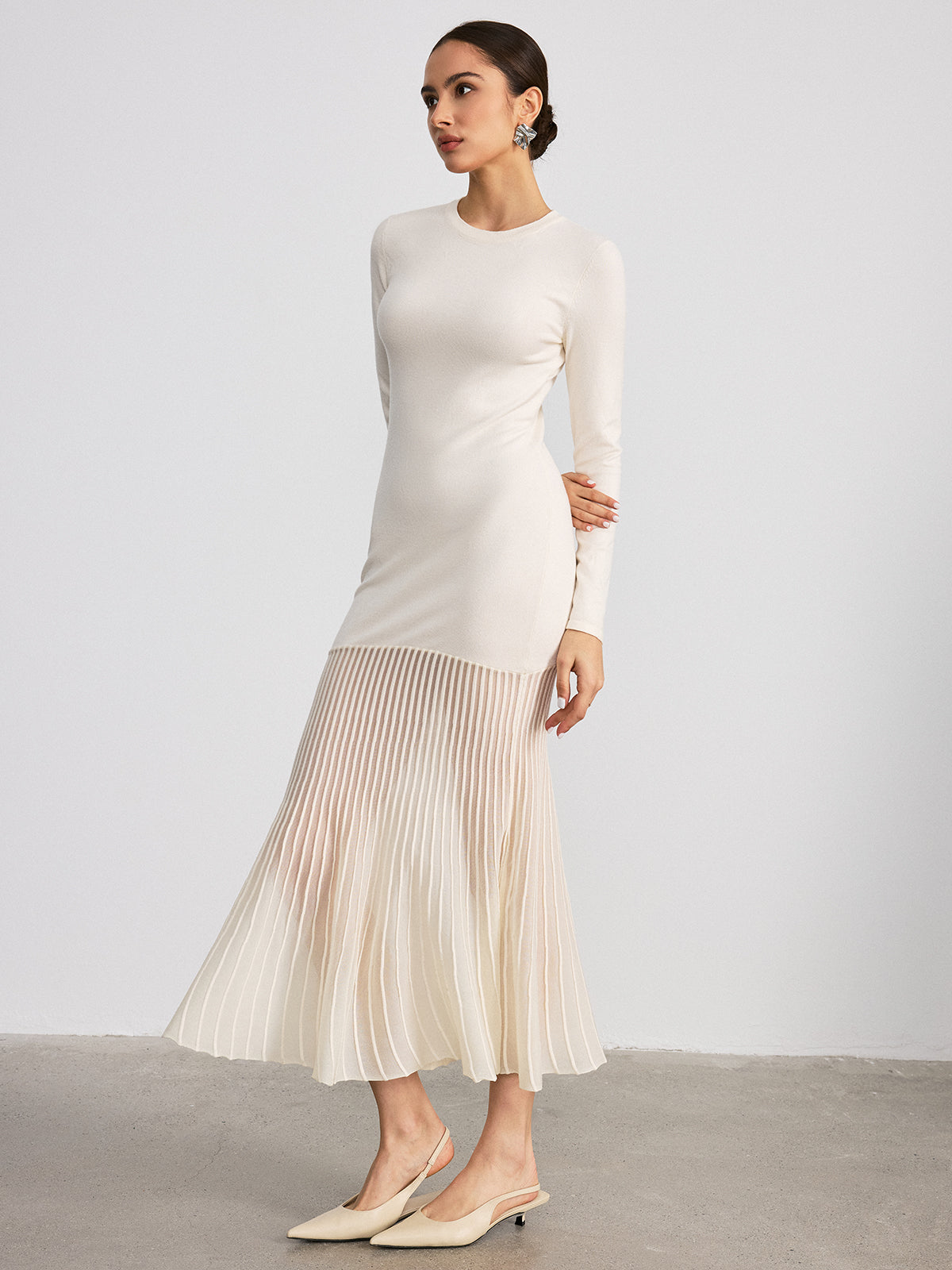 Mesh Panel Hem Long Sleeve Knit Maxi Dress