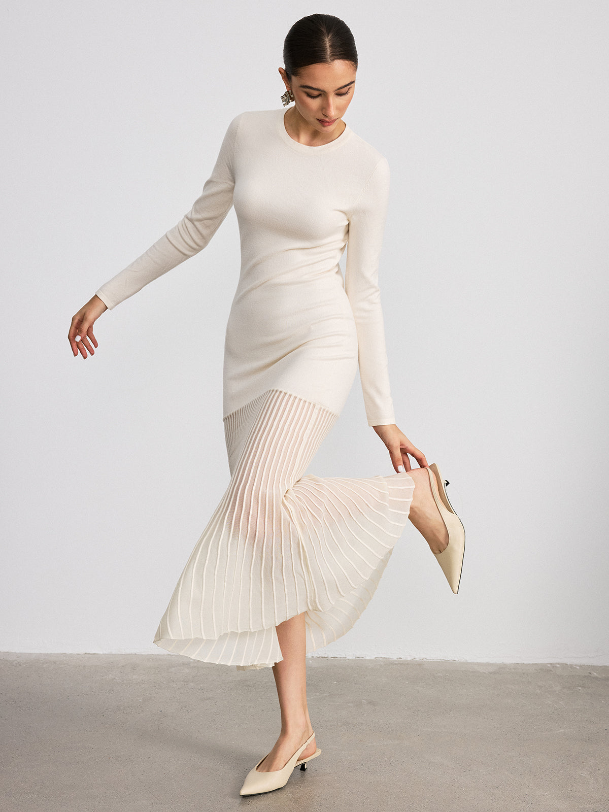 Mesh Panel Hem Long Sleeve Knit Maxi Dress