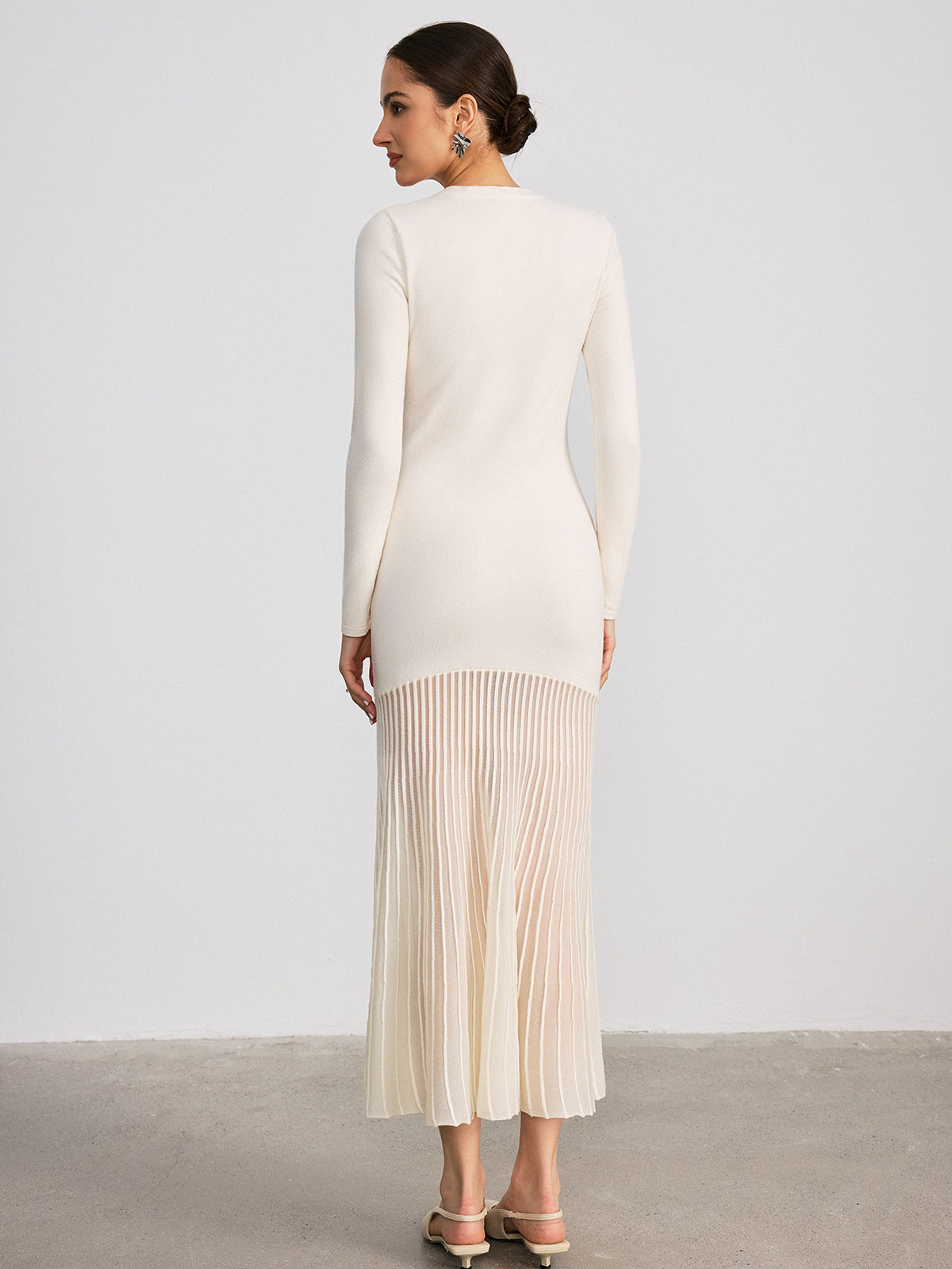 Mesh Panel Hem Long Sleeve Knit Maxi Dress