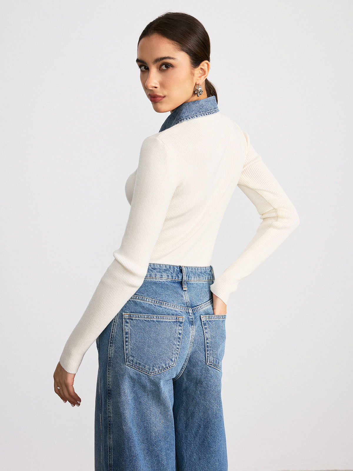 Denim Collar Wool Blend Knit Top
