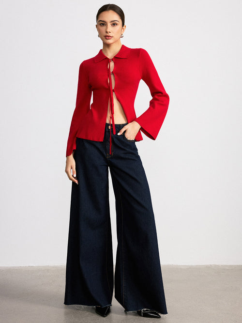 Adjustable Tie Detail Collared Knit Top