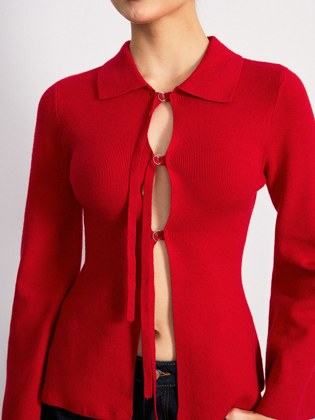 Adjustable Tie Detail Collared Knit Top
