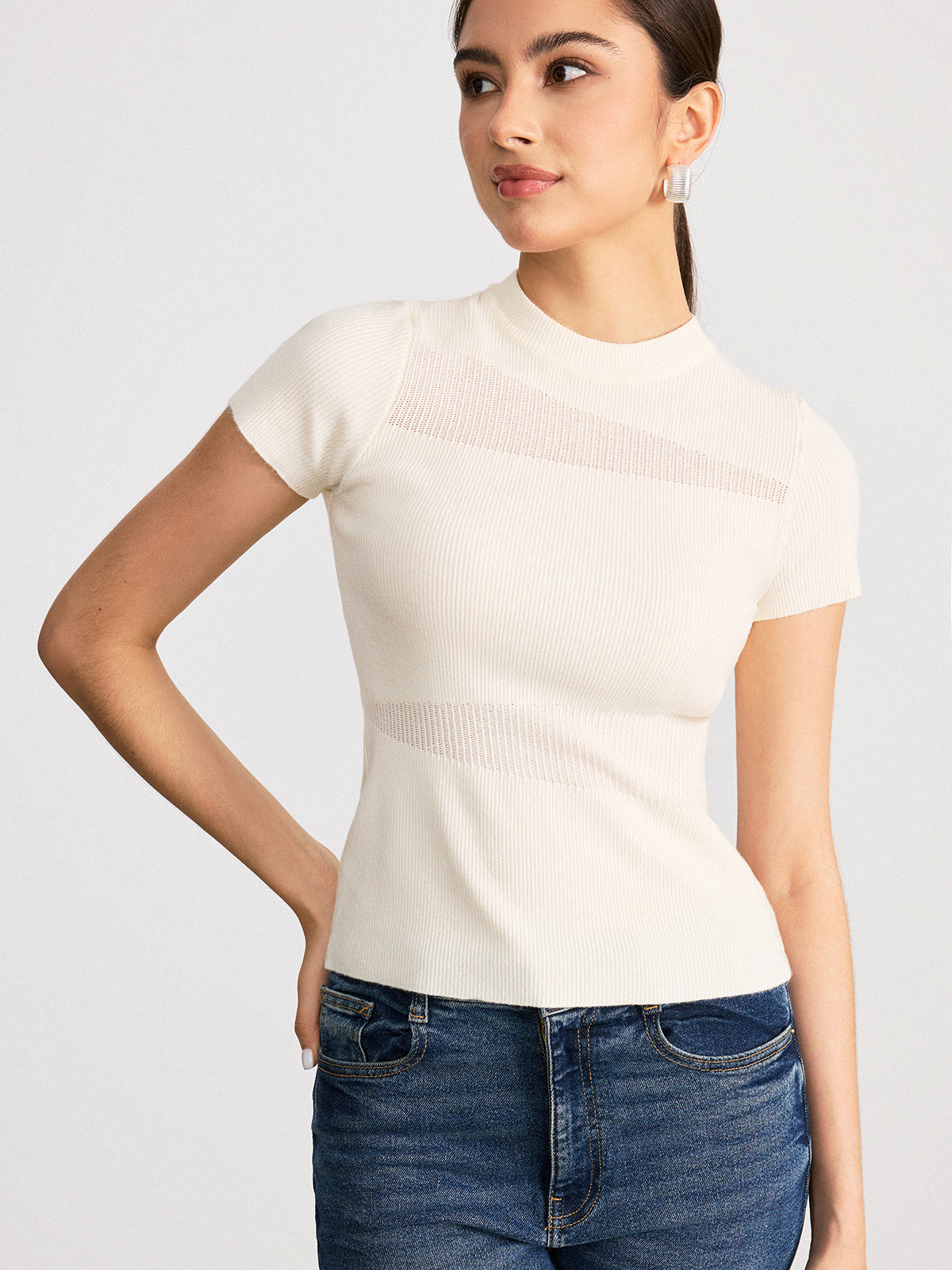 Sheer Panel Mock Neck Short Sleeve T-Shirt