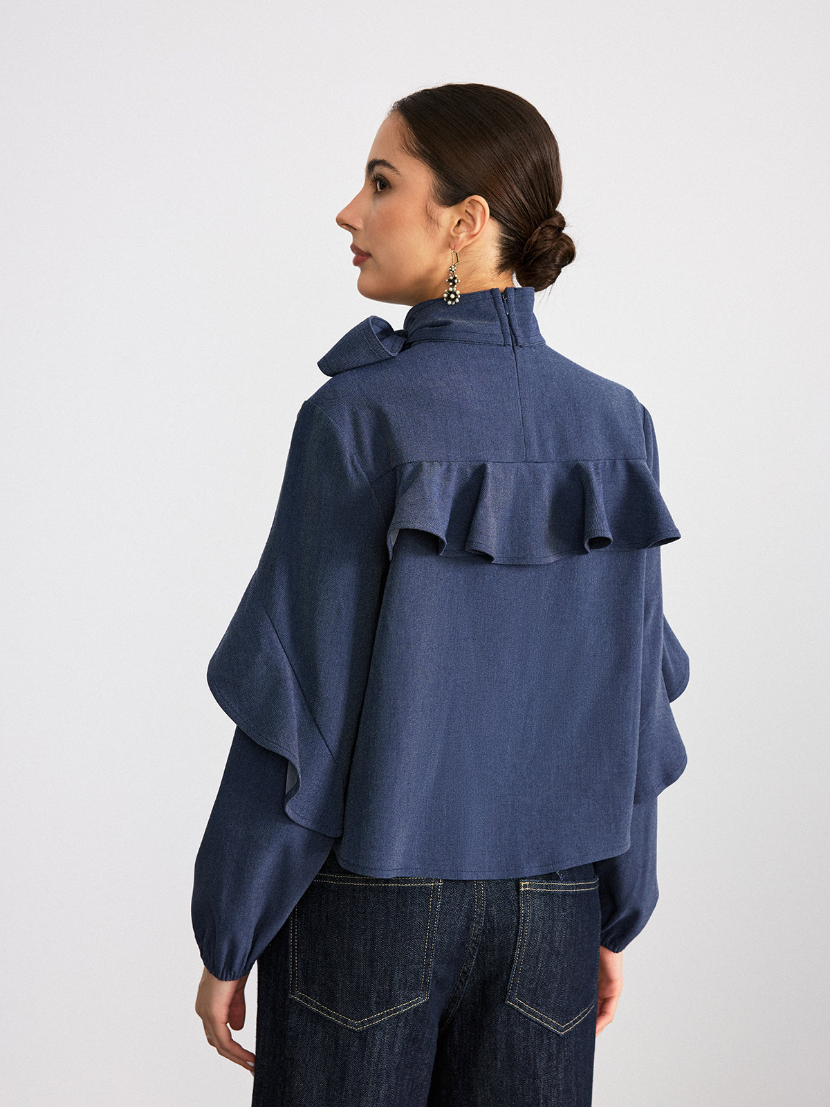 Tie Neck Ruffled Detail Faux Denim Shirt