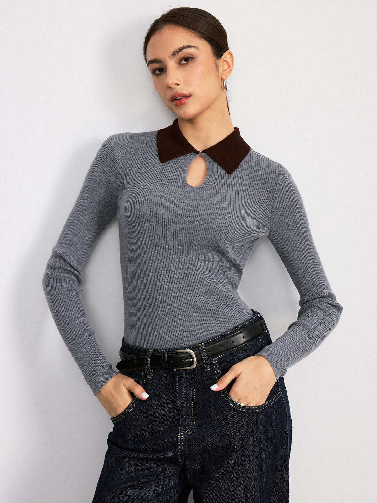 Contrast Collar Wool Blend Ribbed Knit Top