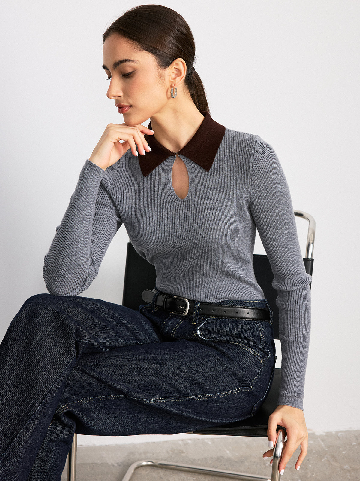 Contrast Collar Wool Blend Ribbed Knit Top
