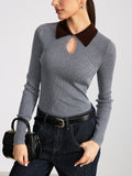 Contrast Collar Wool Blend Ribbed Knit Top