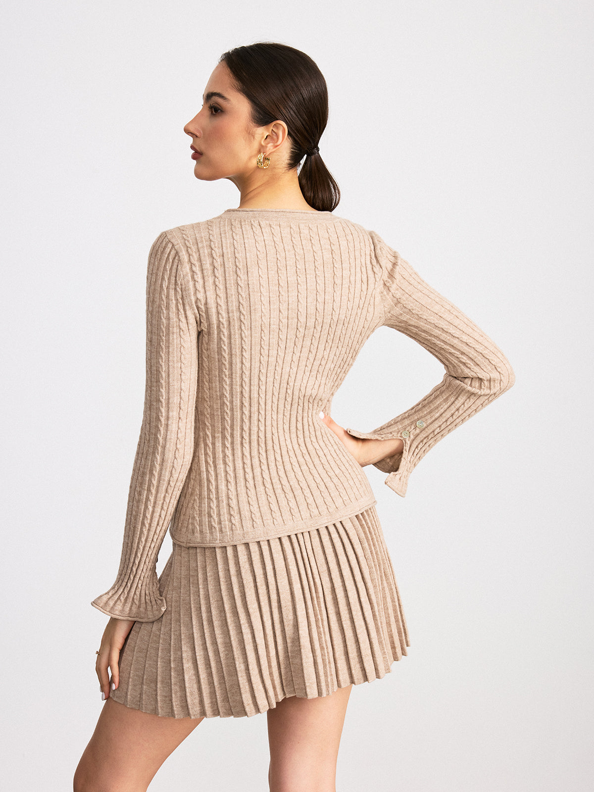 Cable-Knit V-Neck Cardigan and Pleated Skirt Set