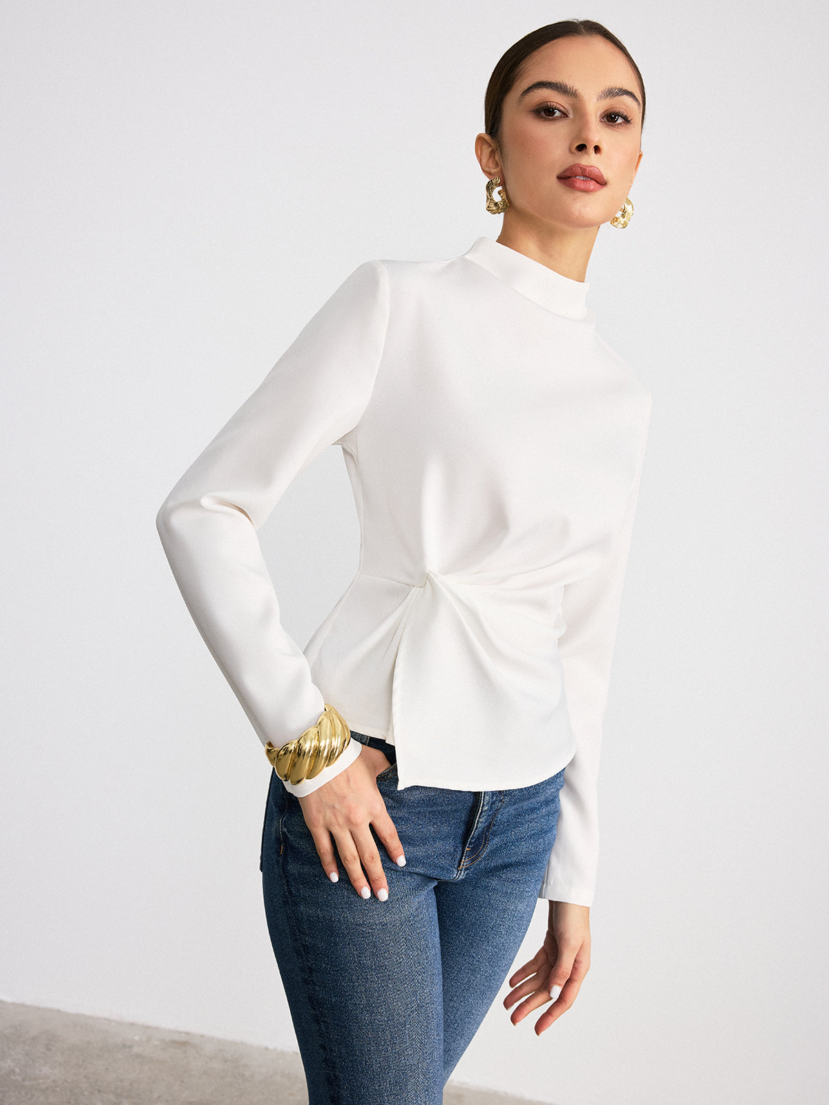 Long-Sleeve Twist Mock Neck Top