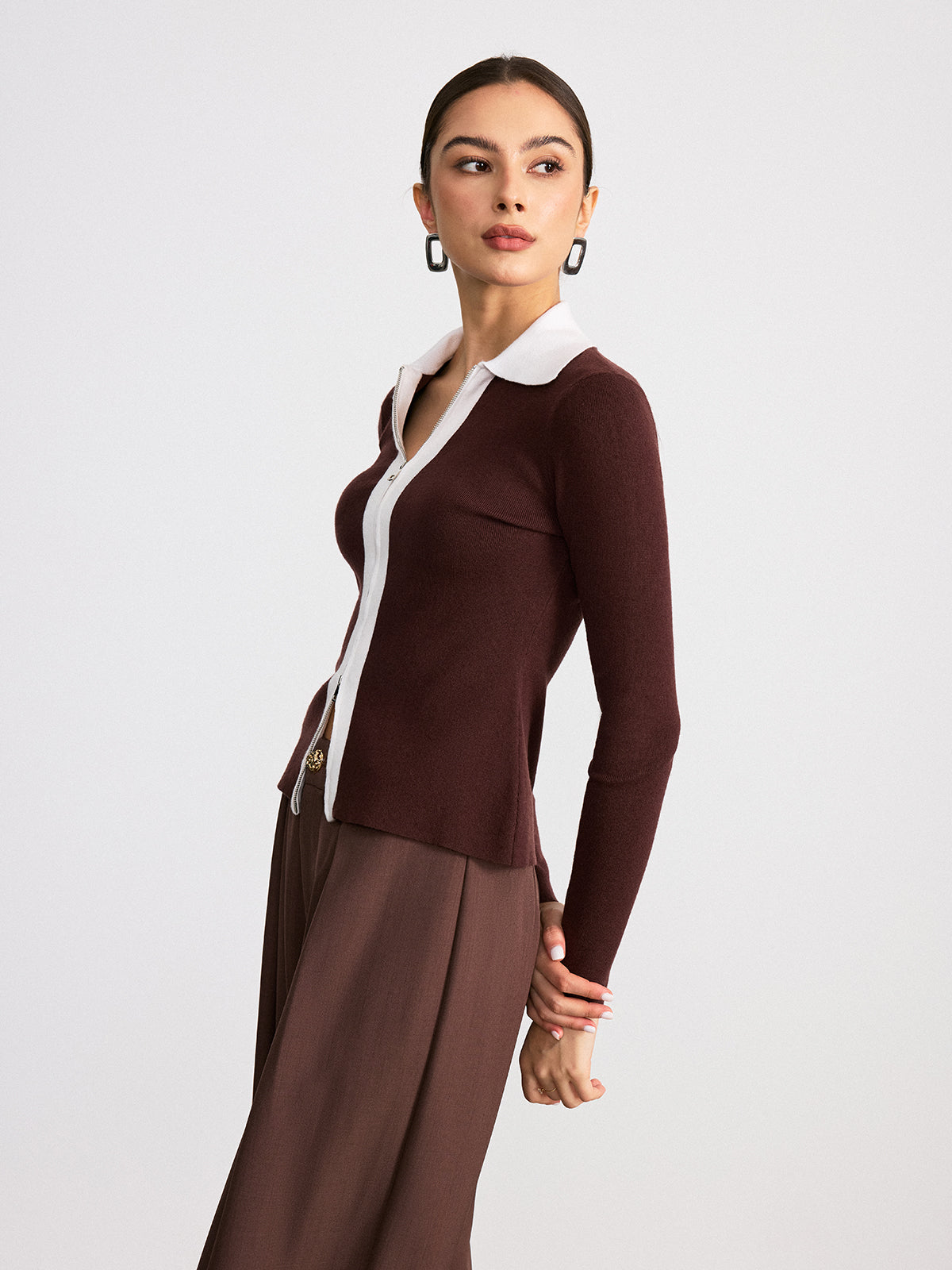 Contrast Collar Wool Blend Zip-Up Cardigan