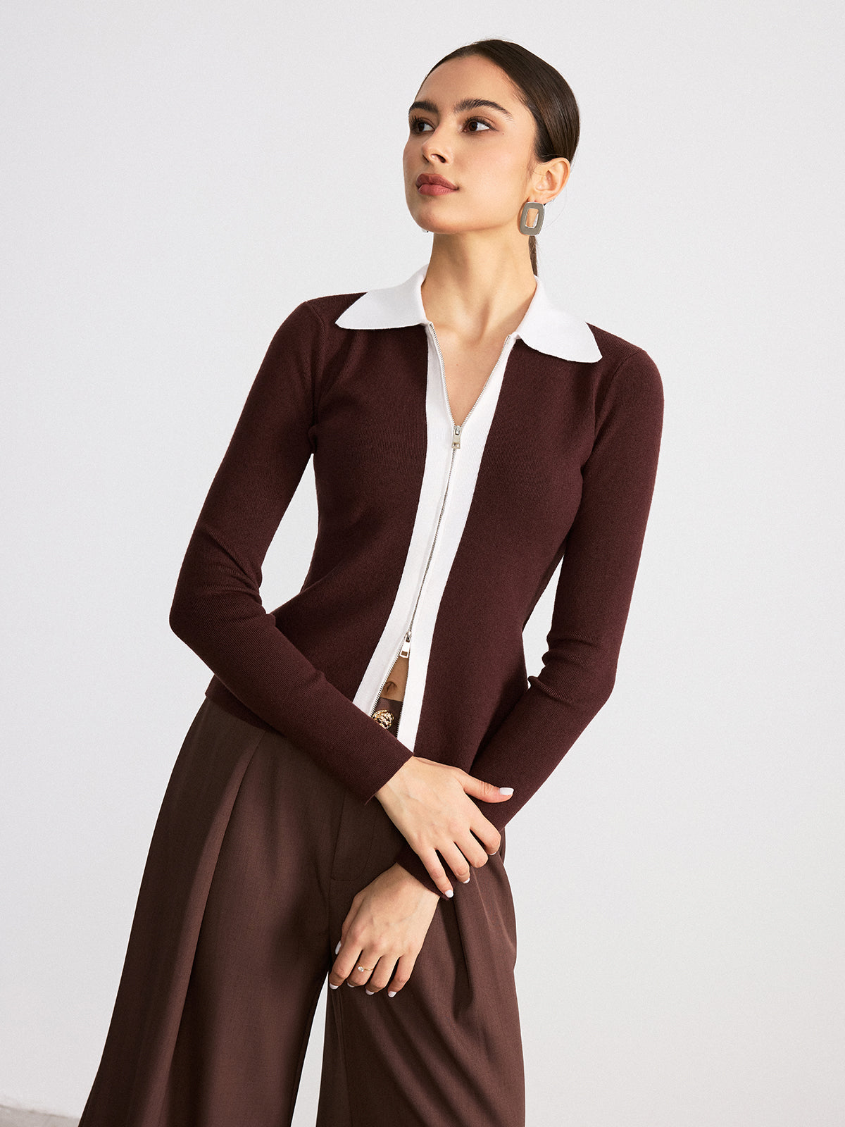 Cardigan zippé en laine mélangée à col contrastant