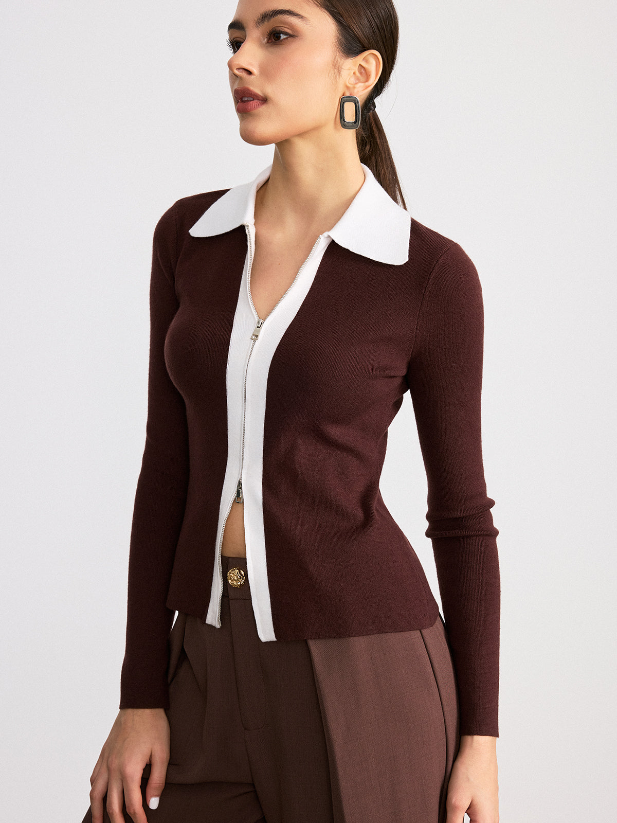 Contrast Collar Wool Blend Zip-Up Cardigan